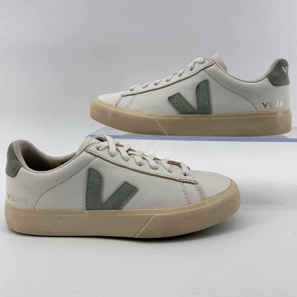 Veja Campo Sneakers Women's 8 White Sage Green Leather Suede Low Top Lace Up - Picture 2 of 9